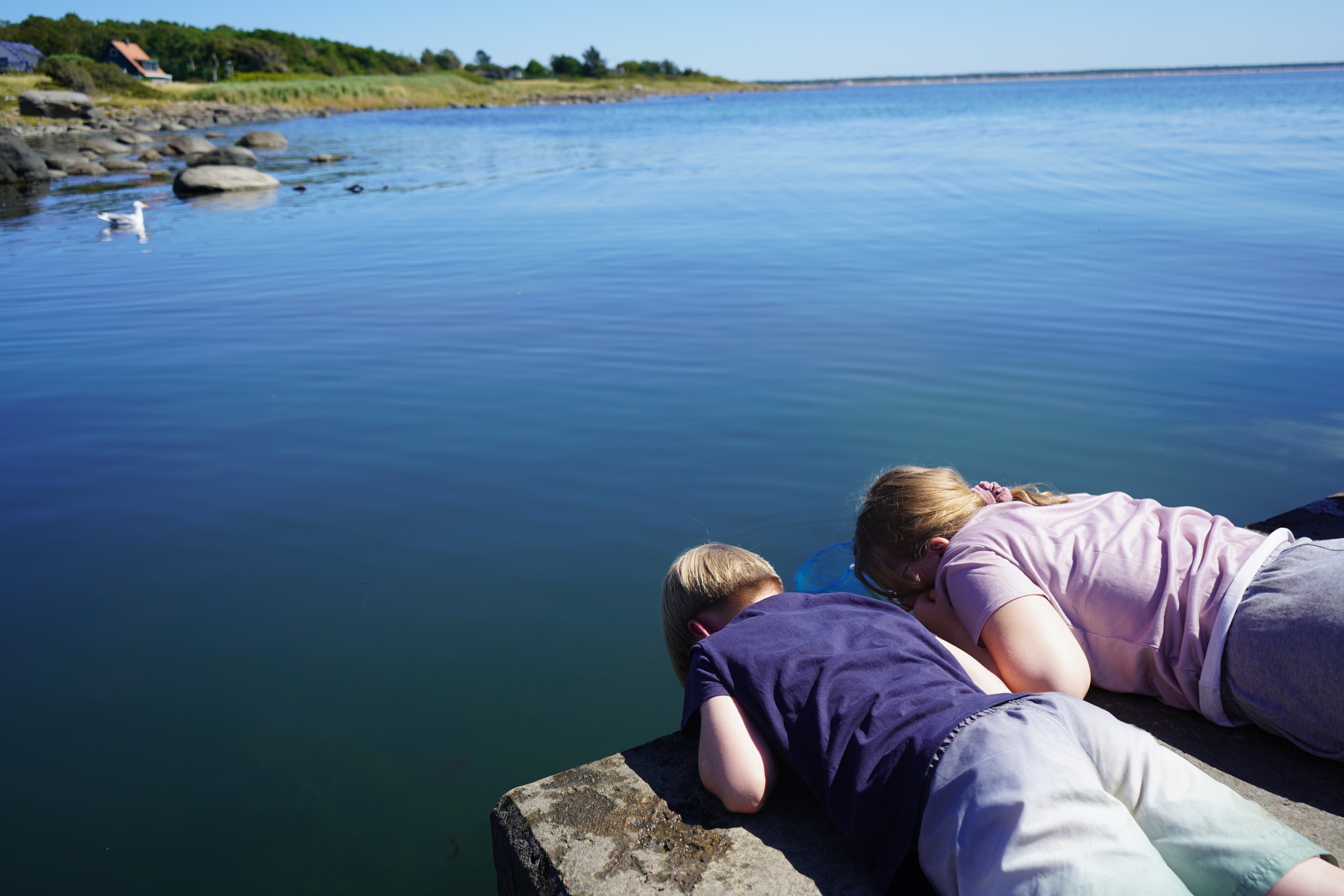 Två barn ligger på mage på en brygga och tittar ner i vattnet.  I bakgrunder brer havet ut sig. 