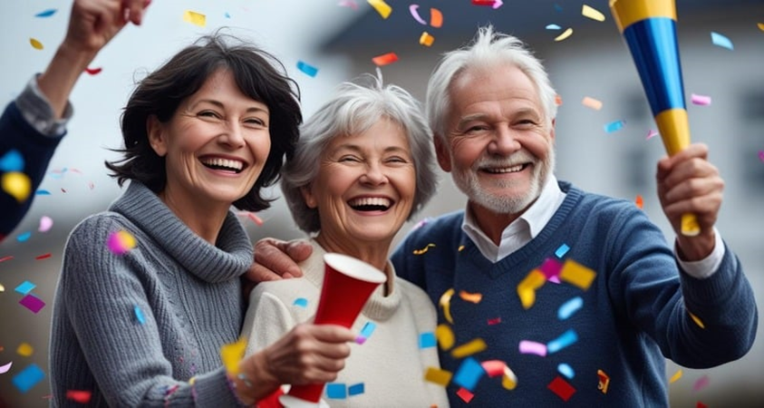 Bild på tre personer som ser glada ut.  De håller partypoppers o händerna